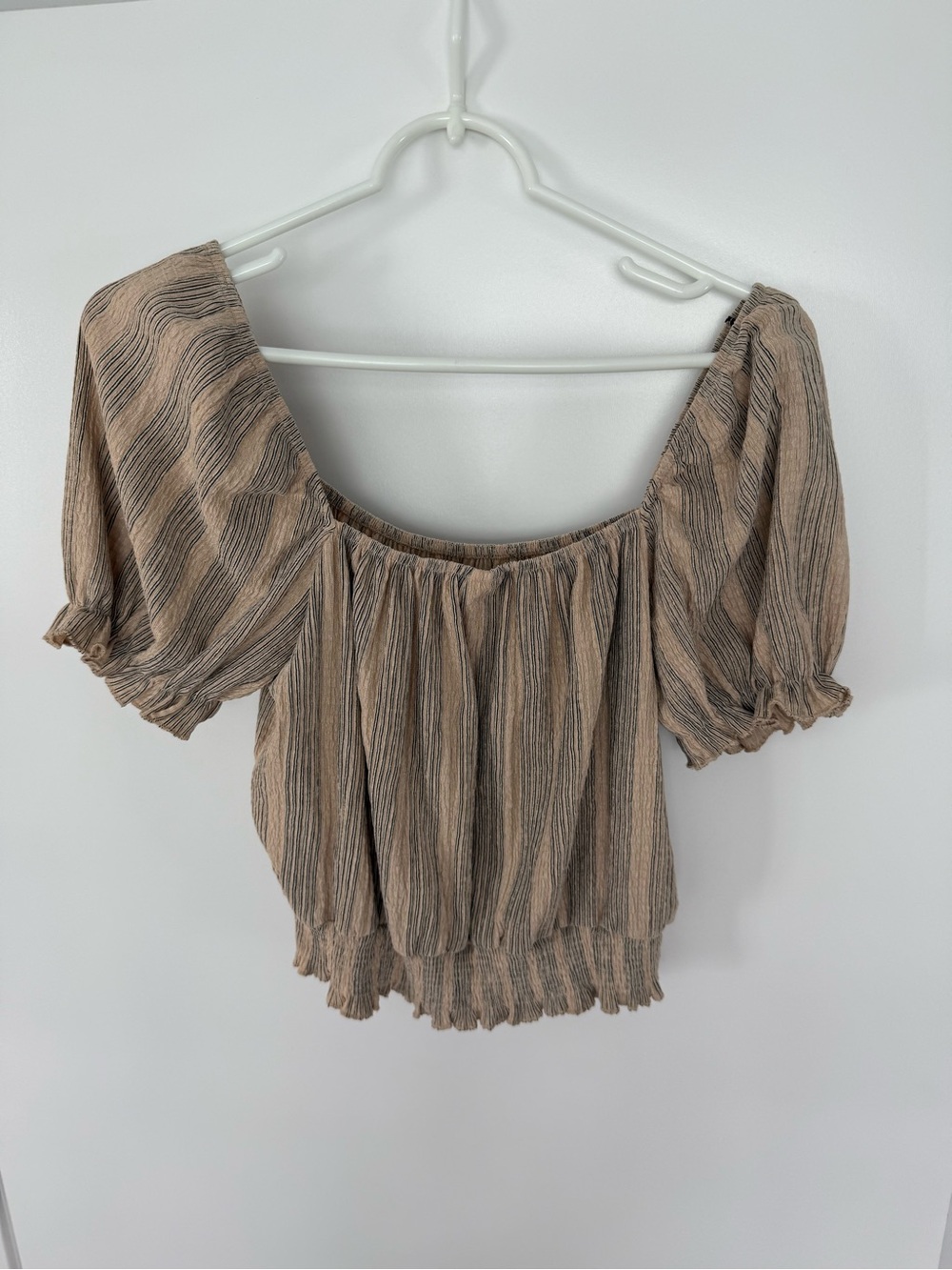 H&M Taupe and Charcoal Striped Off-Shoulder Crop Top